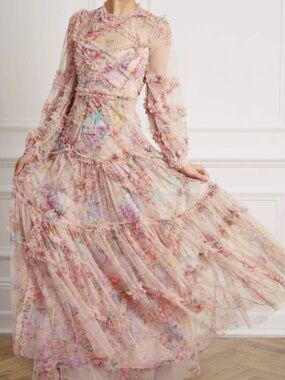 Needle & Thread Floral Diamond Ruffle Gown size 4